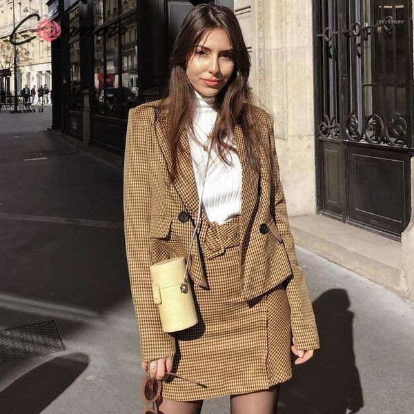 

conmoto women fashion plaid blazer skirt suit female 2019 autumn winter short blazer jacket business skirts set office clothes1, White