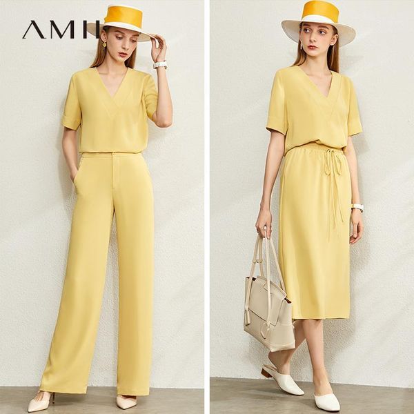 

amii minimalism women autumn soild sets vneck loose tshirt high waist loose pants elastic waist aline calf-length skirt 120201251, Gray