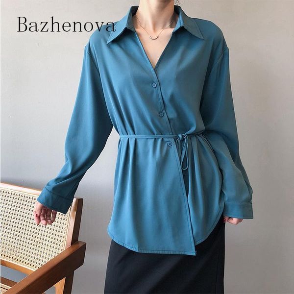 

bazhenova women sweet shirts autumn lapel shirt women loose long-sleeved lace up all-match blouse ladies r815, White