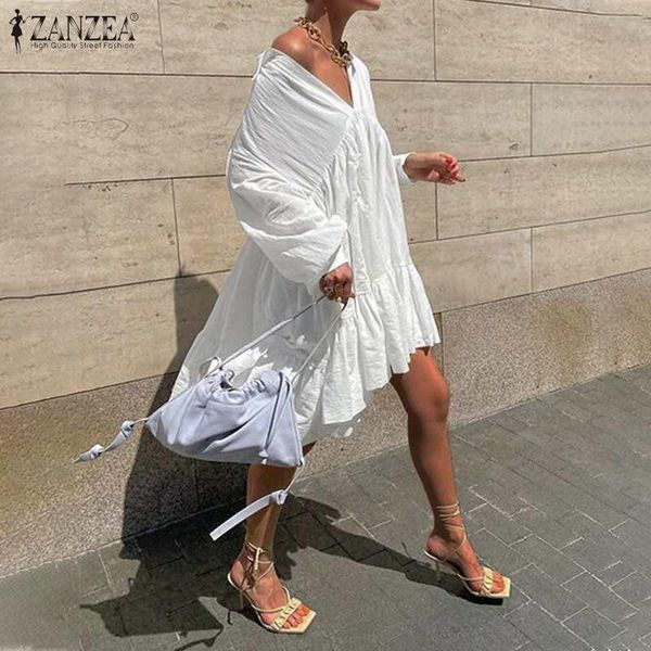 

zanzea women ruffle dresses 2021 casual summer mini vestidos female puff sleeve lapel sundress off shouder beach robe s-5xl, Black;gray