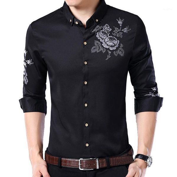 

univos kuni new men long sleeve casual shirt fashion printed floral shirt turn-down collar slim fit for camisa homens j4721, White;black