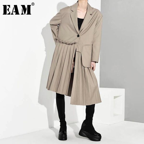 

eam] women pleated asymmetric long trench new lapel long sleeve loose fit windbreaker fashion tide spring autumn 2020 1a88004, Tan;black