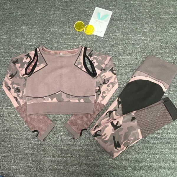 

yoga outfits sport fitness seamless set suit camouflage workout clothes gym for women leggings breathable long-sleeved suit1, White;red