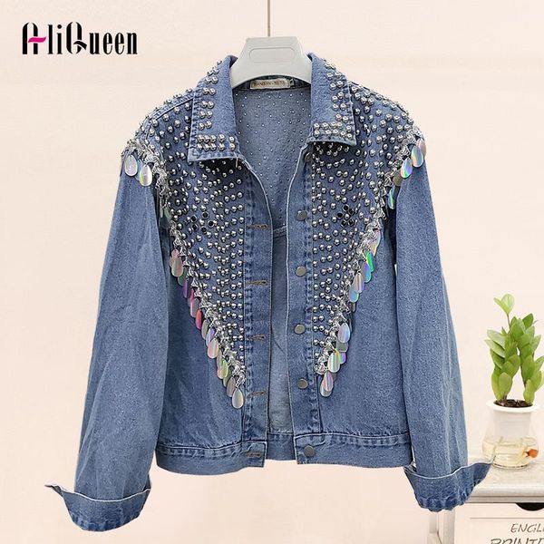 

chaquetas mujer 2020 spring streetwear denim jacket women hand-studded rivet sequins short jeans jacket loose black coats 1, Black;brown
