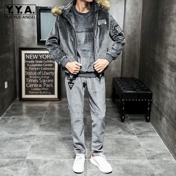 

winter warm velvet sport suit men casual fur hooded vest 3 piece set pullover sweatshirt elastic waist pants set oversize 4xl, Gray