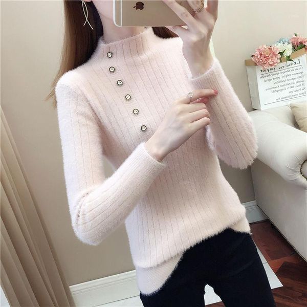 

2019 autumn winter new imitation mink wool sweater women winter thick solid color slim knitted bottoming shirt women1, White;black