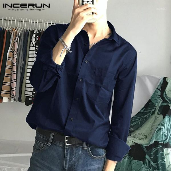 

fashion men cotton shirt turn down collar button long sleeve blouse solid color streetwear casual camisa masculina 2021 incerun1, White;black