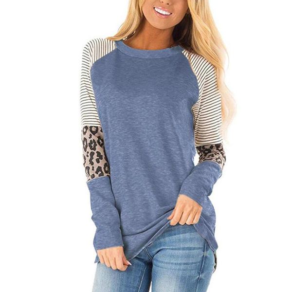 

women's shirts women's leopard print o neck loose knot long sleeve leopard stitch patchwork shirts for women ropa mujer, White
