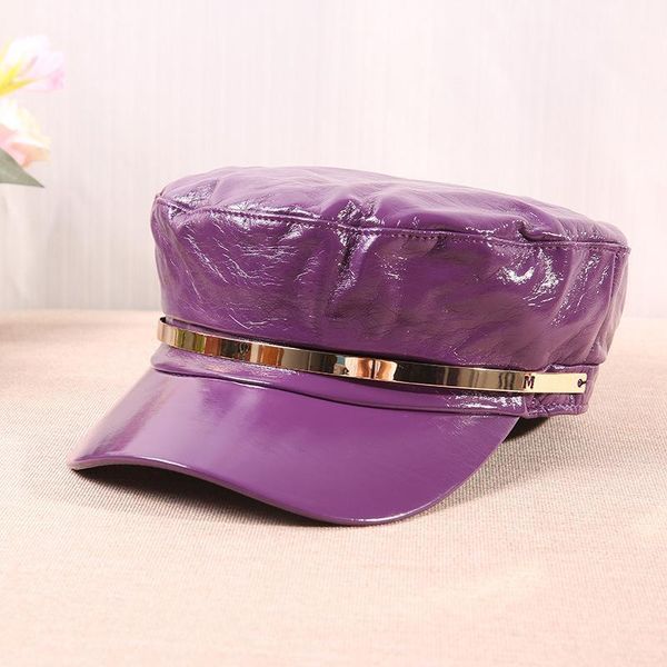 

black purple pu octagonal hat leather flat casquette beret cap autumn winter women cap japanese street patent leather hat1, Blue;gray