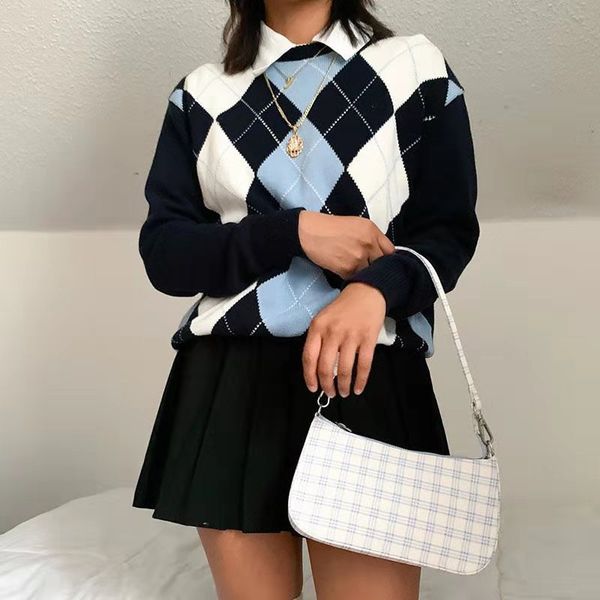 

college style lozeng-knit long sleeve sweater autumn winter warm pull-over base blouse looser and slimmer,ee24, White