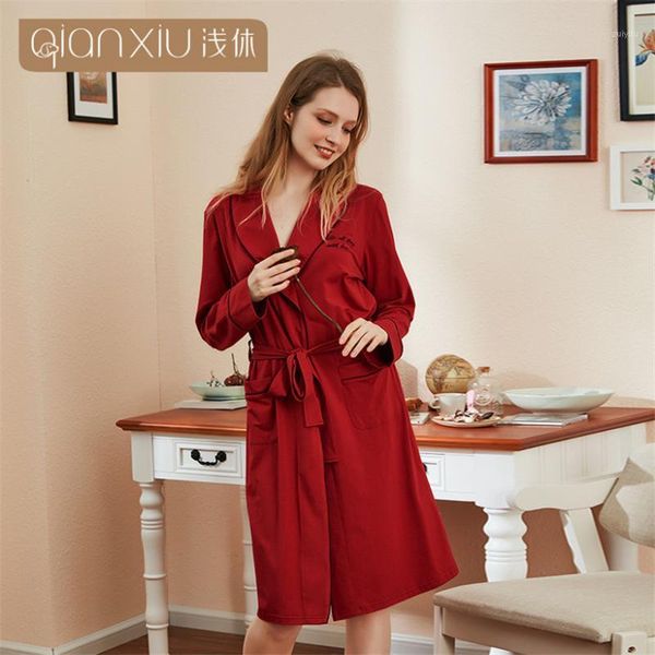 

new cotton kimono robe women rose red letters bathrobe woman robes turn-down collar ladies comfortable 2019 autumn dressing gown1, Black;red