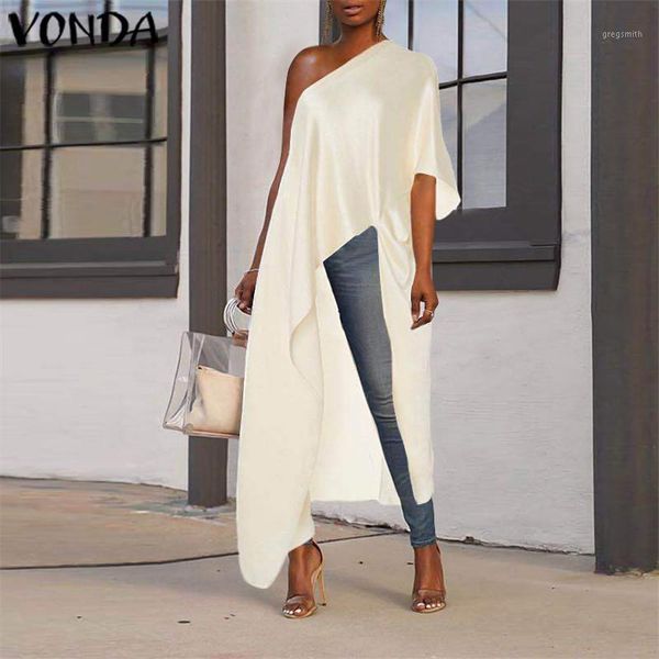 

vonda long blouse asymmetrical tunic women off one shoulder party shirts 2020 holiday beach plus size blusas femininas1, White