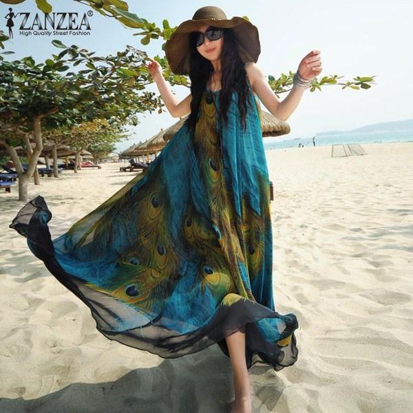 

wholesale- zanzea oversize womens boho chiffon peacock floral sleeveless beach tunic long maxi dress sundress1, White;black