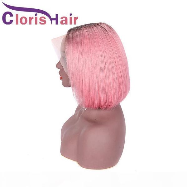

13x4 closure bob wig pink ombre straight malaysian remy glueless lace front wigs for black women colored pink pixie cut human hair bob wig, Black;brown