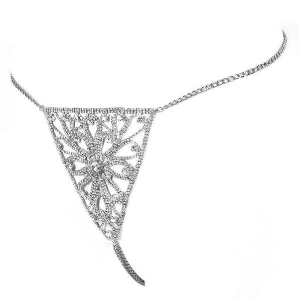 

hollow rhinestone thong bikini panties for women luxury flower shape crystal underwear body chain thong jewelry, Silver