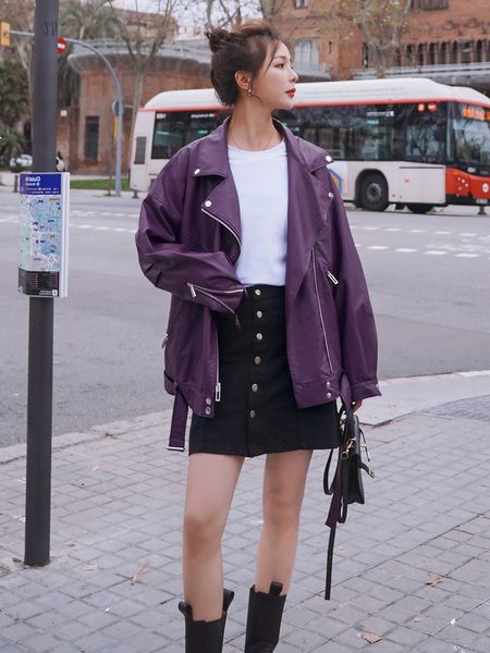 

2021 new jaqueta de couro feminino roxo bolso coreano solto manga longa outono nova locomotiva rua legal primavera bombardeiro 99q bqsv, Black