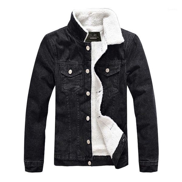 

mcikkny winter men's fashion warm fleece denim jacket multi-pocket turn-down collar male streetwear coats black1, Black;brown