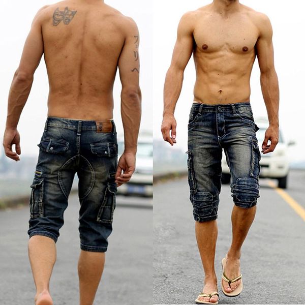 

men's jeans summer male retro cargo denim shorts vintage acid washed faded multi-pockets style biker for men, Blue