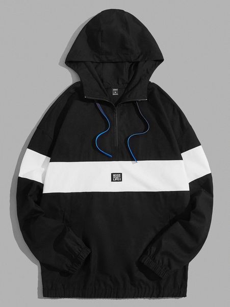 

men two tone patch detail quarter zip drawstring hooded jacket u8lo#, Black;brown