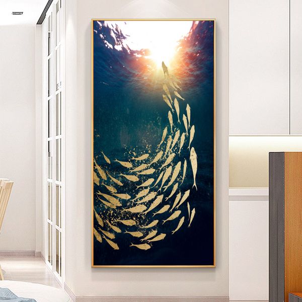 Modernes abstraktes einfarbiges Fischölgemälde Gouden Koi Vissen Muur Leinwand Schilderij Landschap Marine Poster Wohnzimmer Interieur randlose Malerei