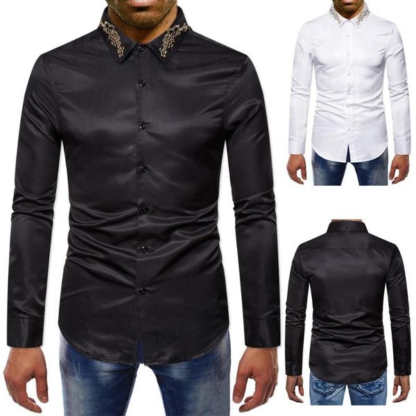 

men's casual shirts coldker slim fit solid pattern turn-down collar blouse for male plus size streetwear, White;black