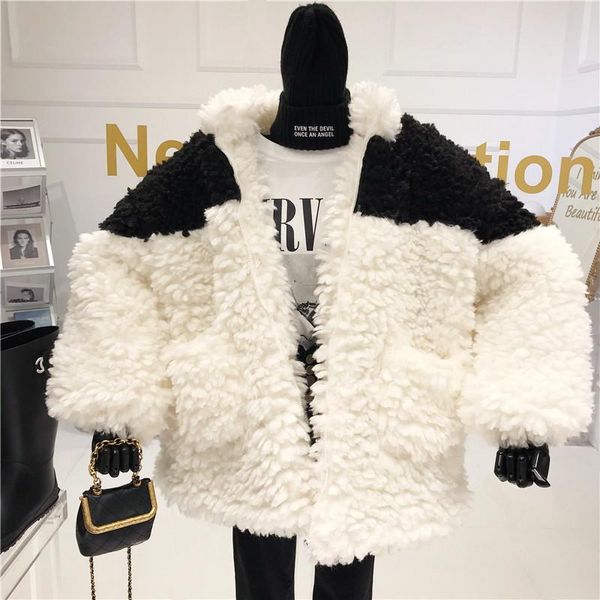 

color matching lamb hair coat women autumn/winter 2021 new loose ins fashionable warm and fluffy coat, Black