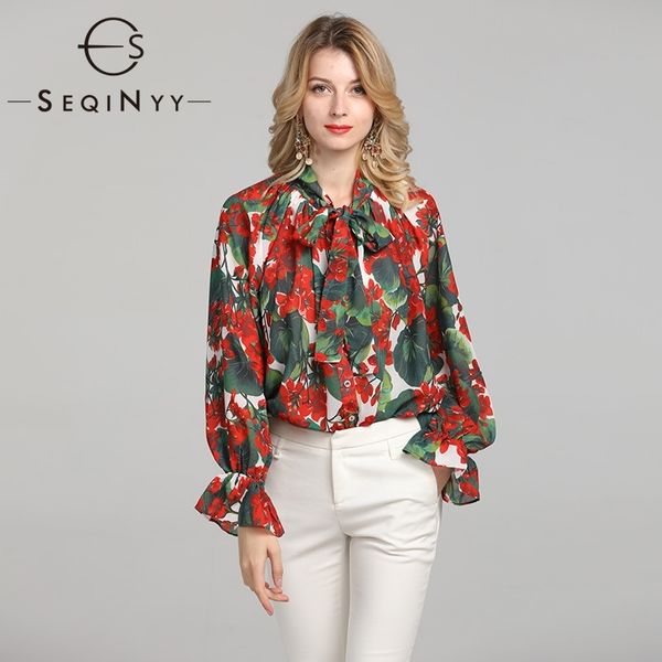 

seqinyy chiffon blouse summer spring new fashion design women long sleeve loose red hydrangea print y200622, White