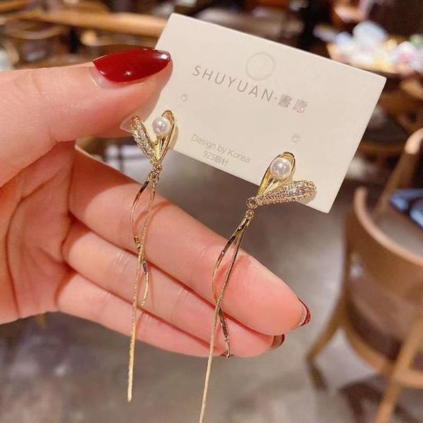 

dangle & chandelier s925 needle korean temperament sweet love earrings single chain twist bar white pearls women jewelry, Silver