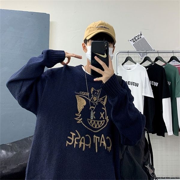 

zazomde winter new couple sweaters casual oversize men's pullovers korean cat streetwear graphic printed male sweater 201214, White;black