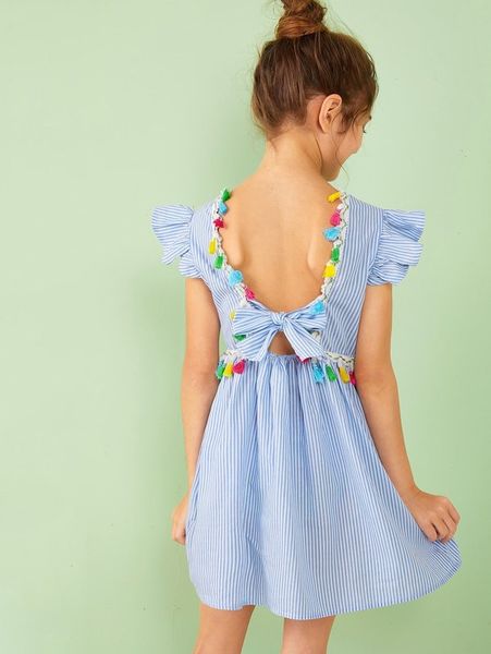 

girls striped tassel trim tie back dress she, Red;yellow