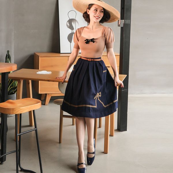 

2021 new le palais original vintage 1950s navy blue bow plied cotton at height of the knee high waist autumn high-waist women's l81t, Black