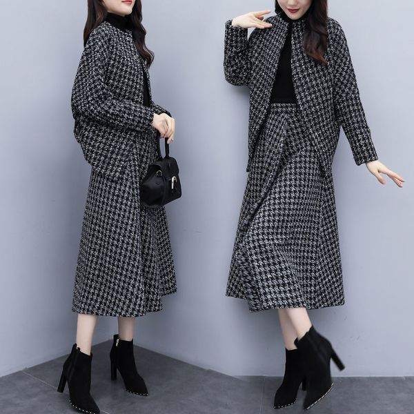 

women's 2021 new fashion suit winter woolen temperament + skirt loose chess of two suits/sets s-3xl y484 nxpn, Gray