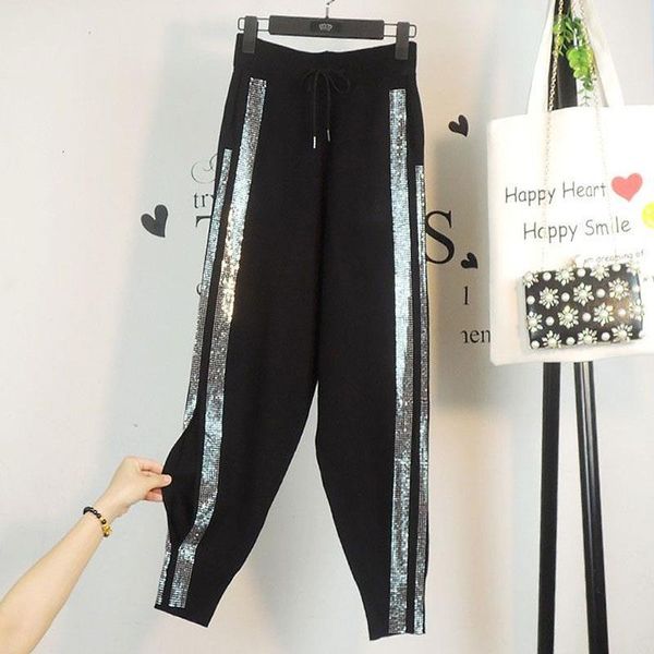

2020 new drilling high waist casual pants women fashion split plus size loose casual harem knitted joggers women streetwear, Black;white