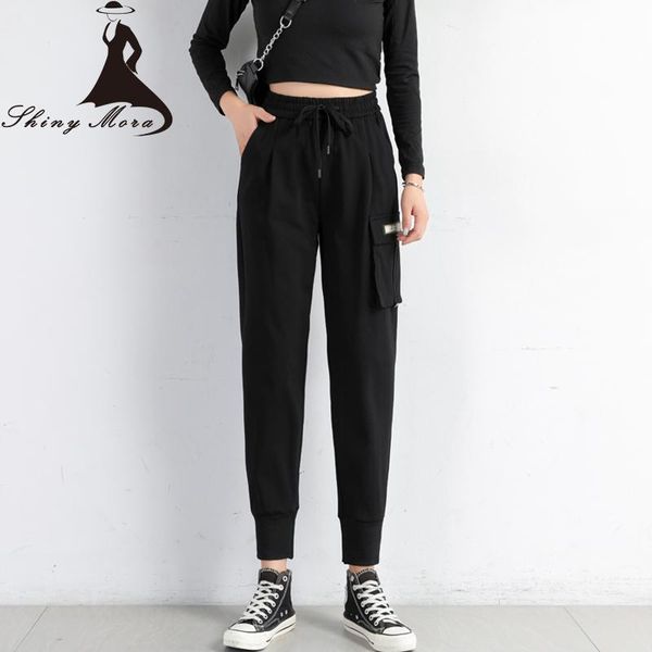 

women's pants & capris shinymora spring 2021 elastic waist loose fashion pant female beam feet bf multi-pockets casual overalls women, Black;white