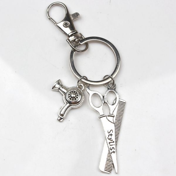 

gift keychain new charm fashion retro hairdress jewelry mini hairdressing scissors hair dryer comb keychain diy handmade, Slivery;golden