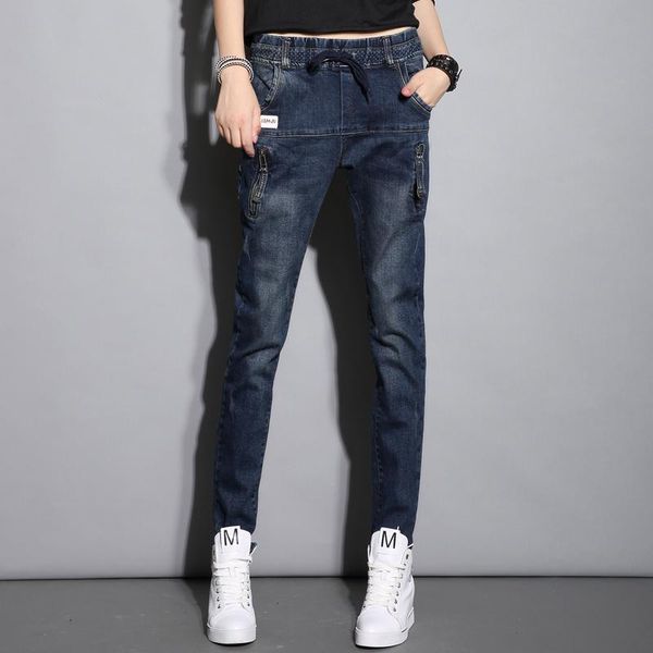 

women's jeans #3062 spring autumn elastic waist korean tide harem casual washed denim womens dark blue femme