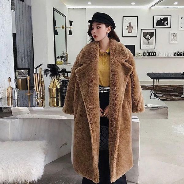 

women's fur & faux winter warm women's long and thick plush coat solid color loose1, Black