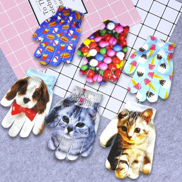 

five fingers gloves kids winter warm 3d animal print knitted kitty pet cute fashion lovely full finger breathable, Blue;gray