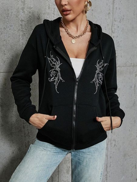 

rhinestone front zip up thermal lined hoodie u5tj#, White;black