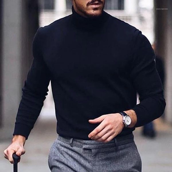 

2019 new autumn and winter men's sweater men's turtleneck solid color casual slim sweater brand pullovers1, White;black