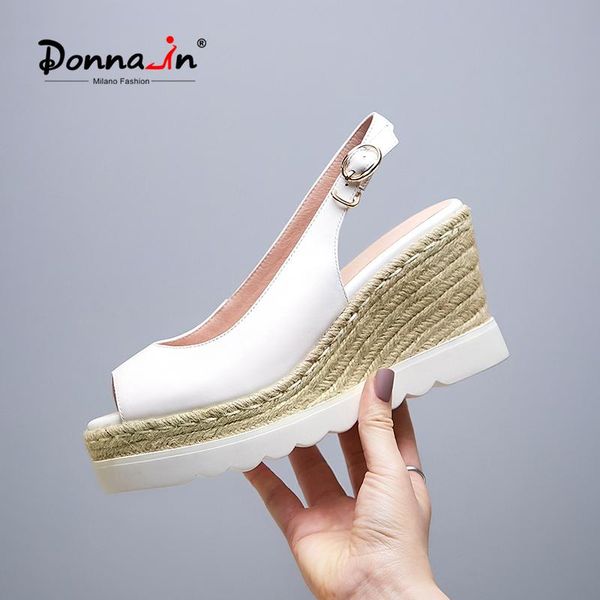 

donna-in wedge sandals high platform for women 2021 summer calf leather wedge shoes thick sole buckle strap handmade female shoe, Black