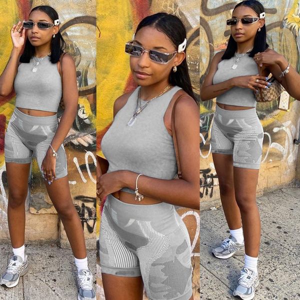 

summer womens sport suit spring and summer new fashion outfits vest crop shorts tracksuit sports casual gym yoga two piece set h2ubjs, White