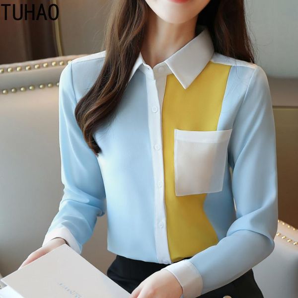 

tuhao office lady spring women chiffon blouses shirts long sleeve pocket women casual spliced blouse 2021 wm20, White