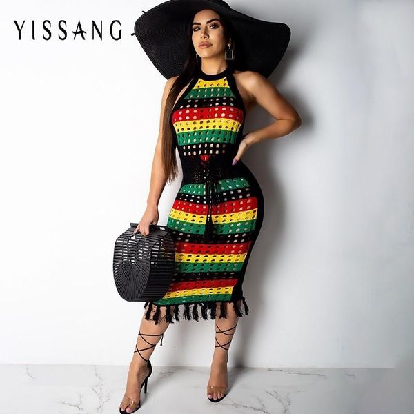

yissang patchwork tassel party dress women hollow out striped halter summer backless dress female elegant midi, Black;gray