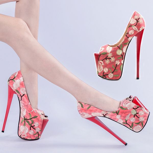 

2020 female wedding classic embroidered shallow peep flowers toe women pumps solid fashion high ladies model shoes, Black