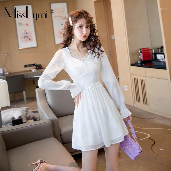 

misslymi femme white a-line dress 2020 autumn fashion lace patchwork vintage square collar sweet chiffon puff sleeve dress women1, Black;gray