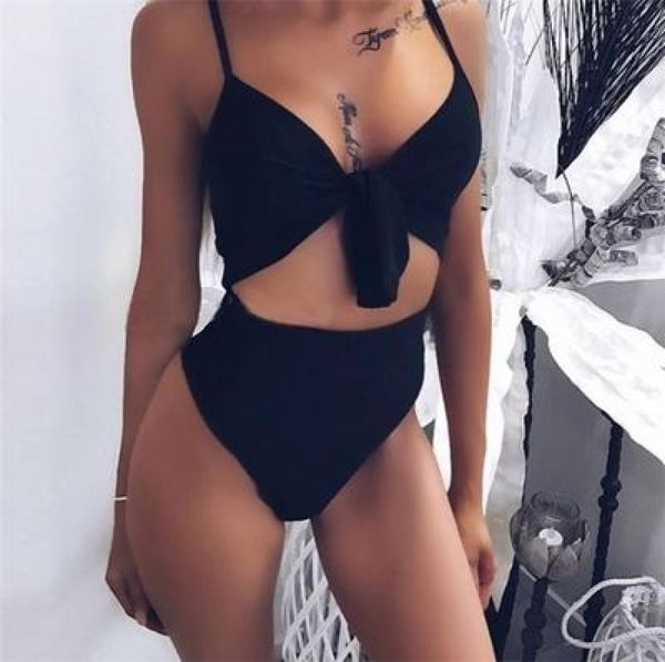 

women bow one-piece hollow high waist swimsuit sizes, White;black
