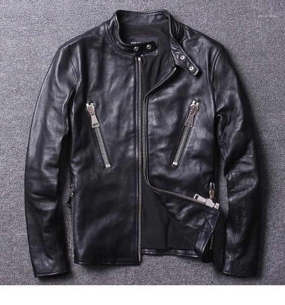 

leather jacket men'sgenuine wax sensation vegetable tanning cowhide motorcycle clothing stand collar zipper autumn winter coat1, Black