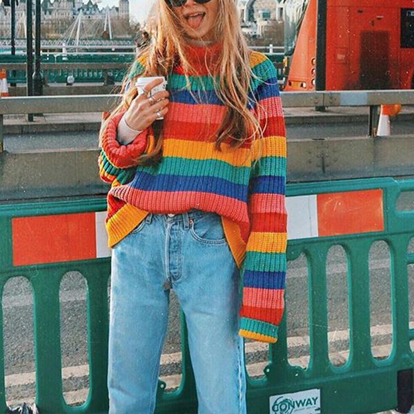 

2021 new autumn women long sleeve turtleneck striped winter female knitting pullover casual loose sweater knit jumpers hadx, White;black