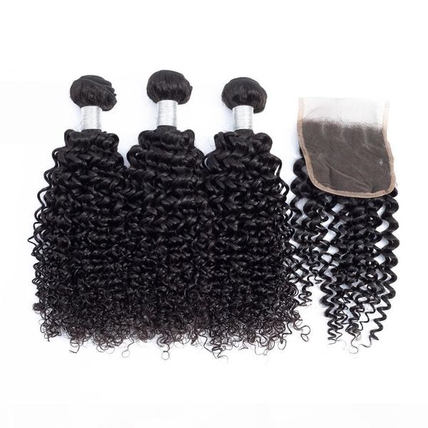 

curly wave hair weft 3 bundles with 4x4 hair closure brazilian indian 100% unprocessed human hair extensions with part closure, Black